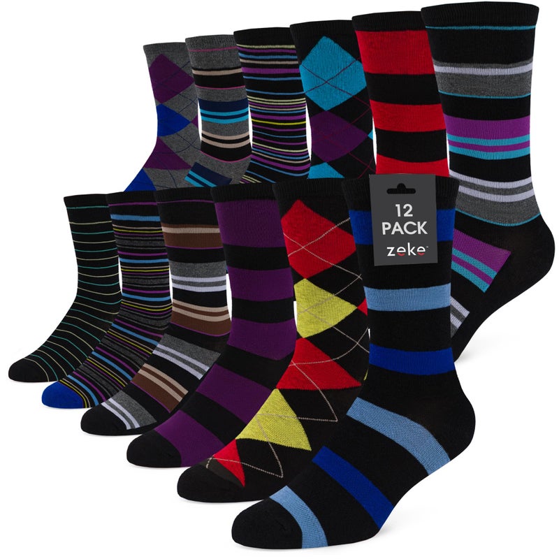 ZEKE Mens Cotton Blend Dress Socks - 12 Pairs of Asstd Patterns and Colors - by ZEKE,Assorted Colors,One Size Fits Most - Image 1